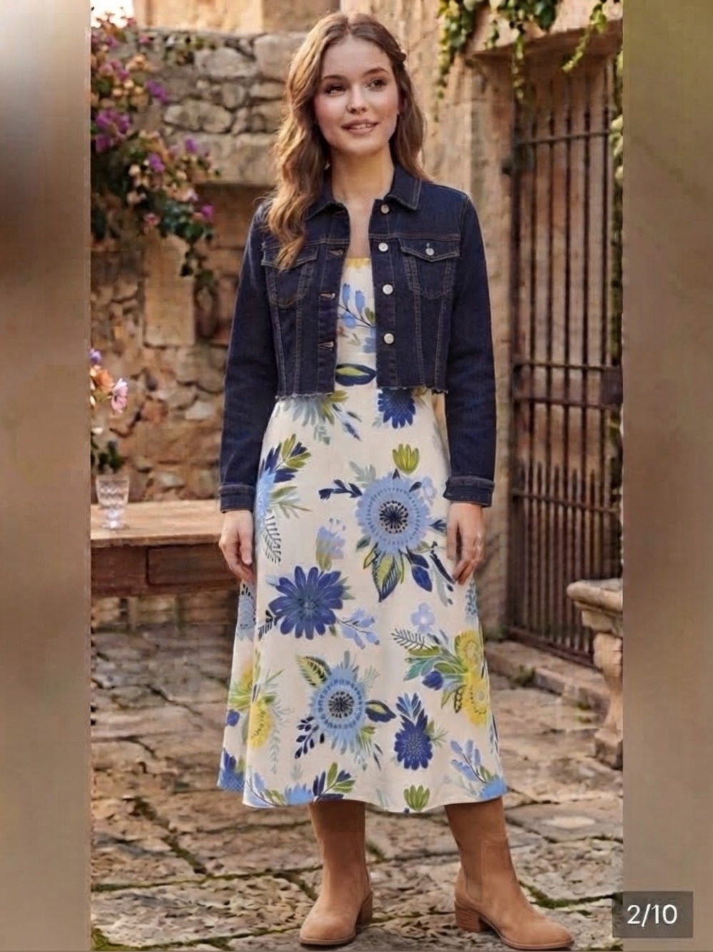 Blu Pepper White Floral Puff-Sleeve A-Line Dress with Blue and Yellow Blooms